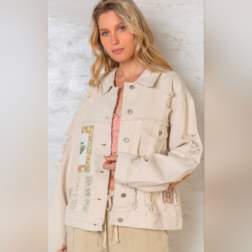 POL Women's Distressed Cream Patchwork Denim Jacket Like New! - Picture 16 of 16